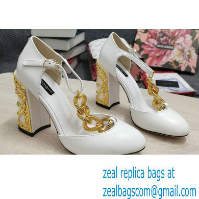 Dolce & Gabbana Logo Heel 10.5cm Chain leather T-strap Pumps White 2022